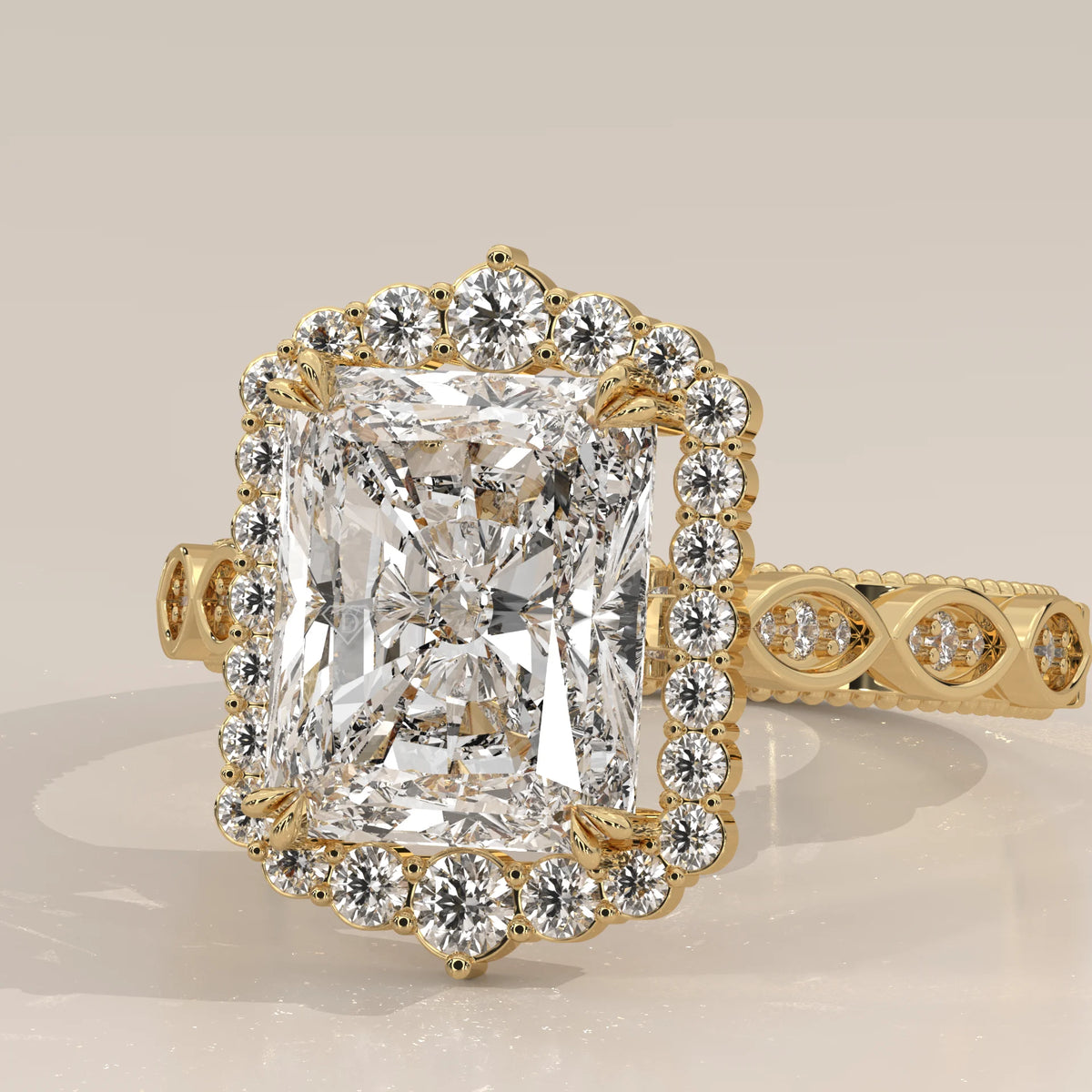 Tendy 5 Carat Radiant Lab Grown Diamond Vintage Halo Ring in yellow gold, side profile view.
