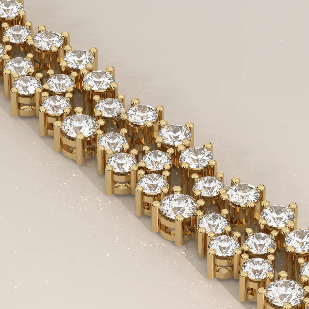 Diamond tennis bracelet in yellow gold, shown at a diagonal angle.