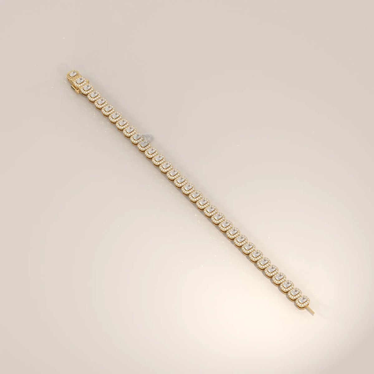 A diamond tennis bracelet with 14k gold and cushion-cut stones.