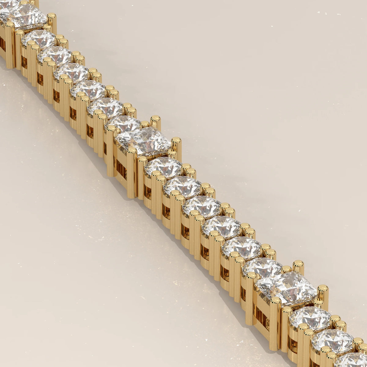A close-up shot of a classic 14k gold tennis bracelet with diamonds.