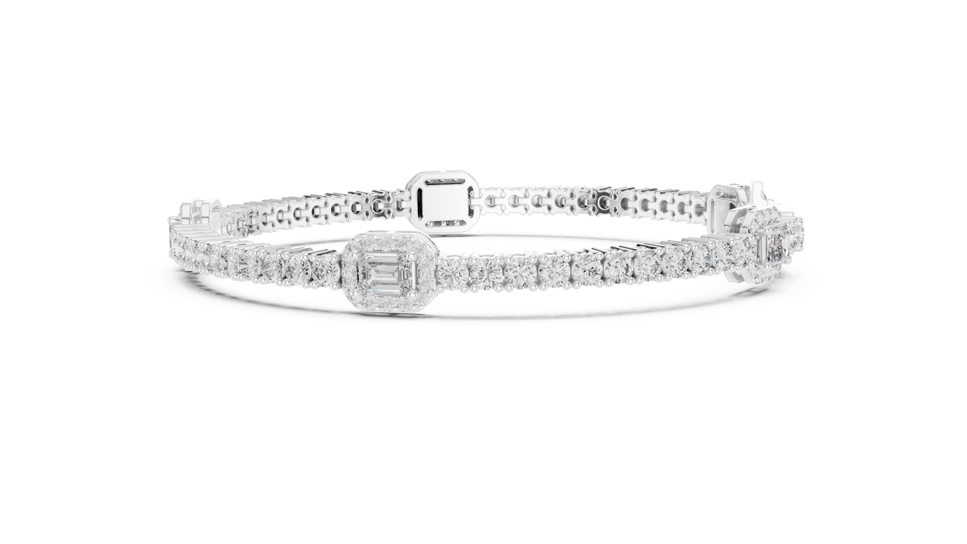 Flat Lay: Emerald Cut Diamond Tennis Bracelet with Prong Setting in 14k White Gold - Lab Grown - Driona Jewels