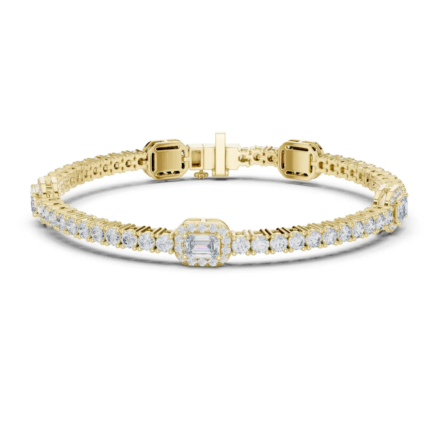 Front View: Emerald Cut Diamond Tennis Bracelet with Pave Setting in 14k Yellow Gold - Lab Grown - Driona Jewels