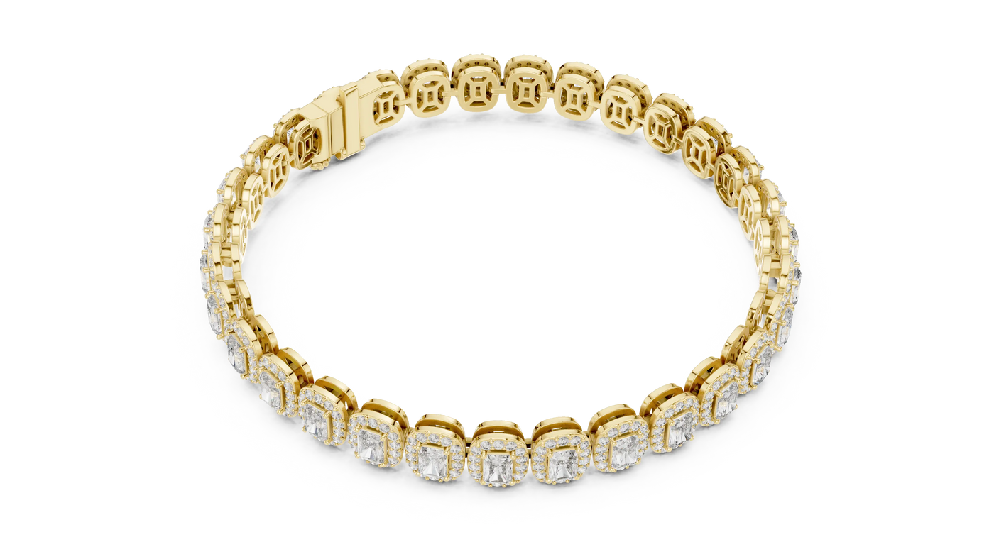 Flat Lay: Emerald Cut Diamond Tennis Bracelet with Prong Setting in 14k Yellow Gold - Lab Grown - Driona Jewels