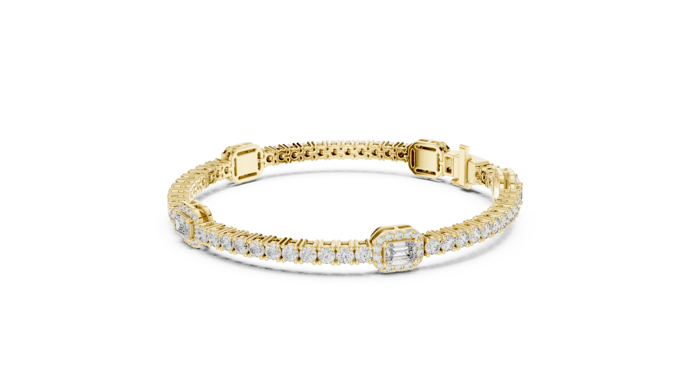 Flat Lay: Emerald Cut Diamond Tennis Bracelet with Prong Setting in 14k Yellow Gold - Lab Grown - Driona Jewels