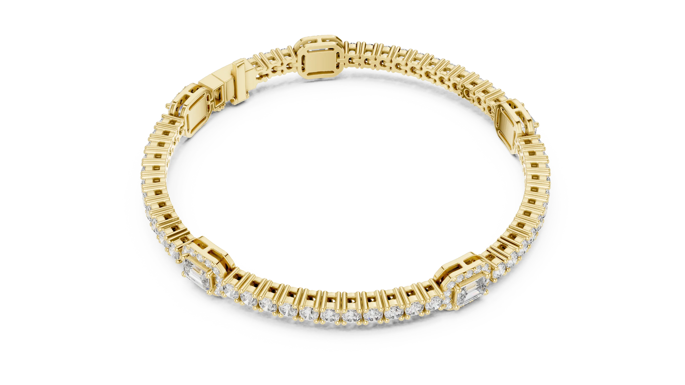 Top View: Emerald Cut Diamond Tennis Bracelet with Prong Setting in 14k Yellow Gold - Lab Grown - Driona Jewels
