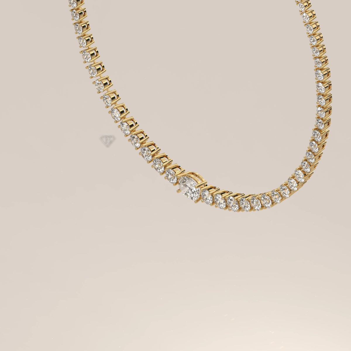 A graduated round lab grown diamond tennis necklace in yellow gold, shown at an angle.
