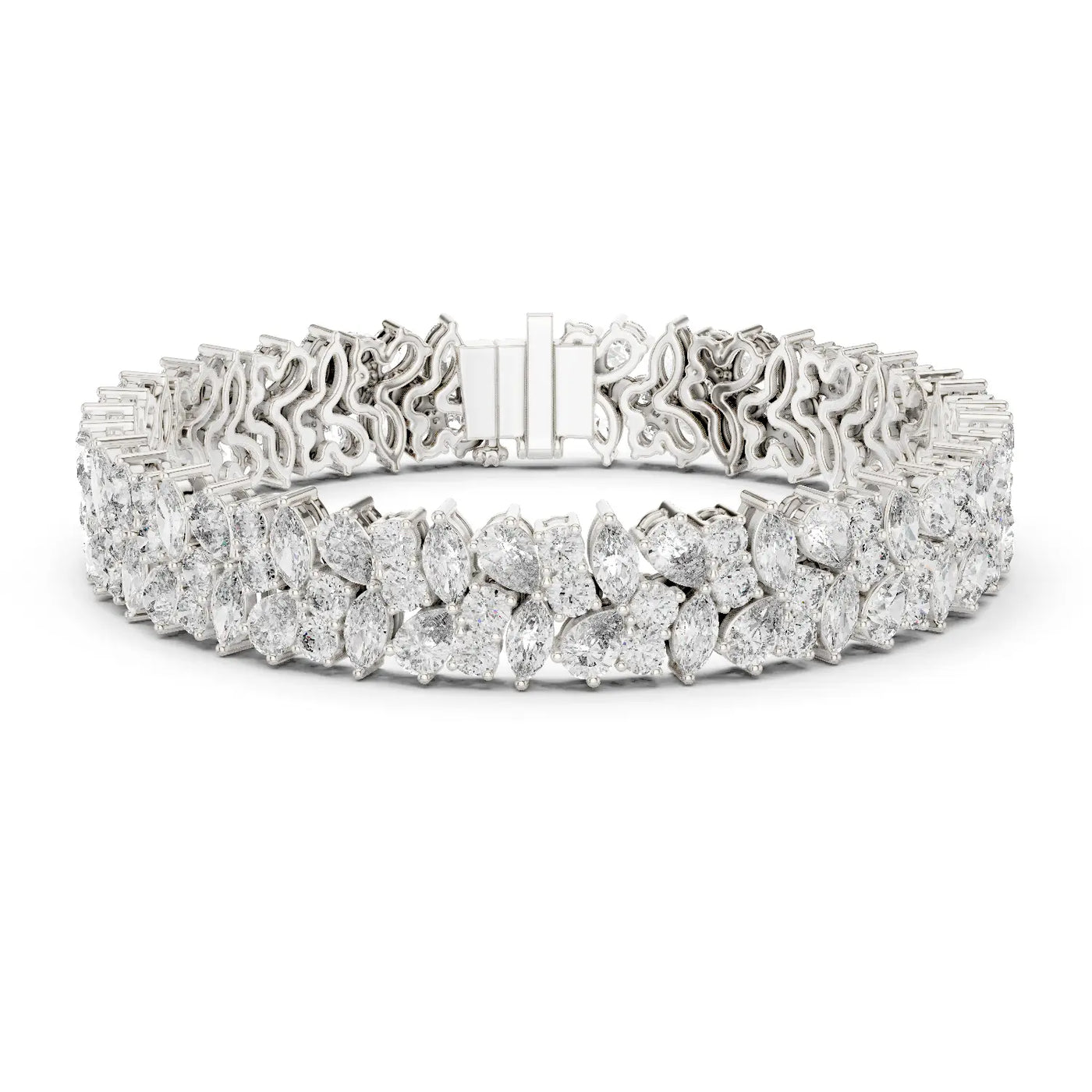 Front View: Pear Cut Diamond Tennis Bracelet with Prong Setting in 14k White Gold - Lab Grown - Driona Jewels