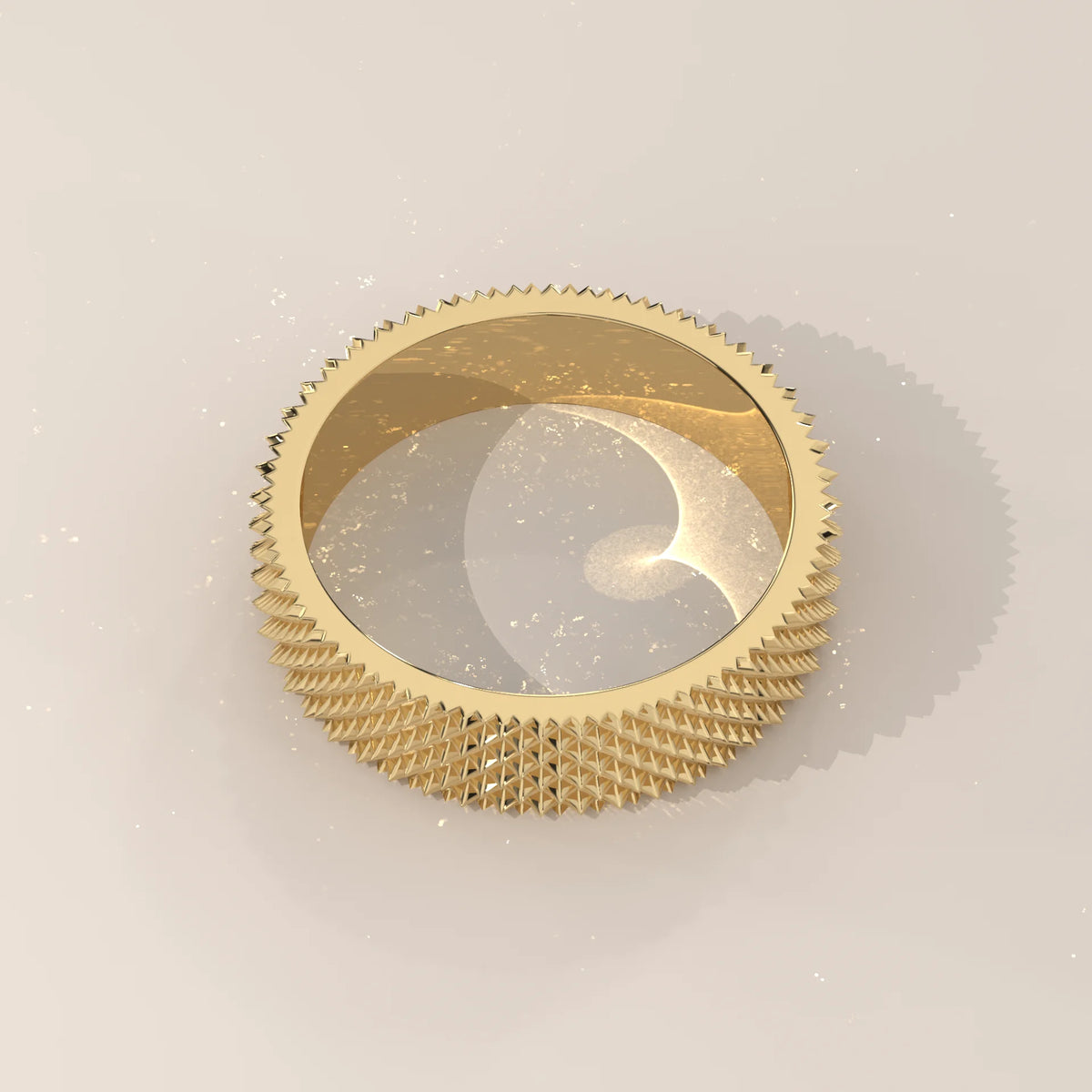 Solid yellow gold wide band with an all-over pyramid texture, viewed from above.
