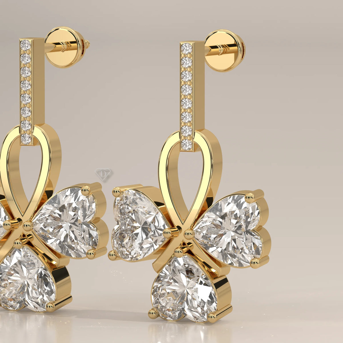 Three Heart Lab Grown Diamond Clover Drop Earrings with Pave Bar in yellow gold, front view on a plain background.