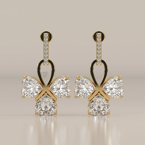 Three Heart Lab Grown Diamond Clover Drop Earrings with Pave Bar in yellow gold, shown from the front.