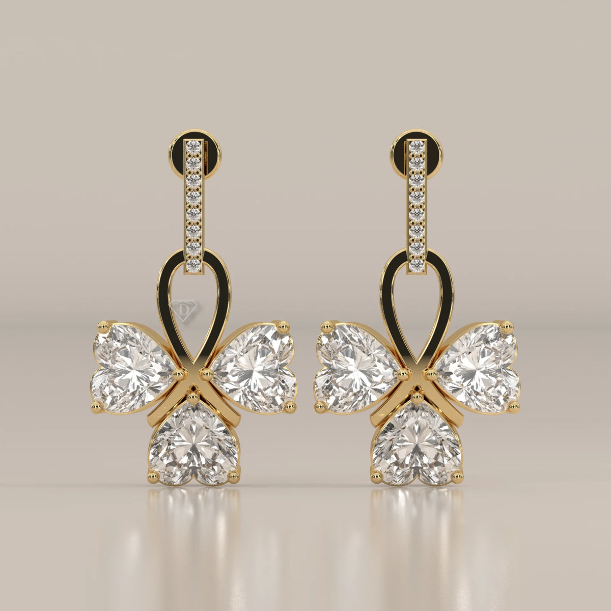 Three Heart Lab Grown Diamond Clover Drop Earrings with Pave Bar in yellow gold, shown from the front.