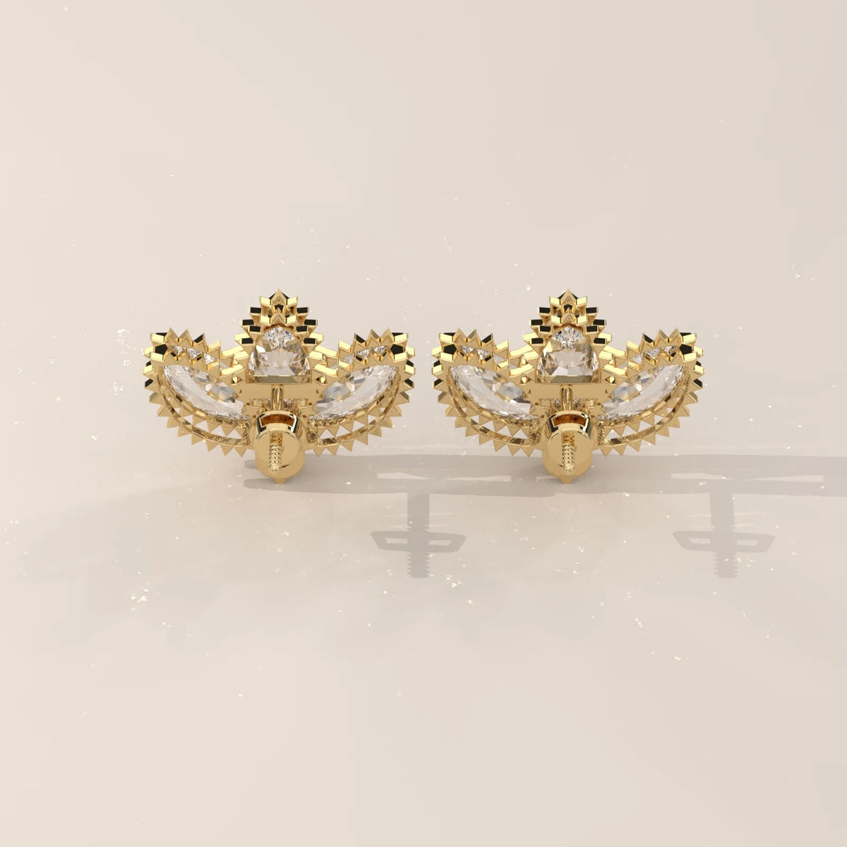 Three Marquise Lotus Fan Lab Grown Diamond Studs with Round Base in yellow gold, photographed head-on.