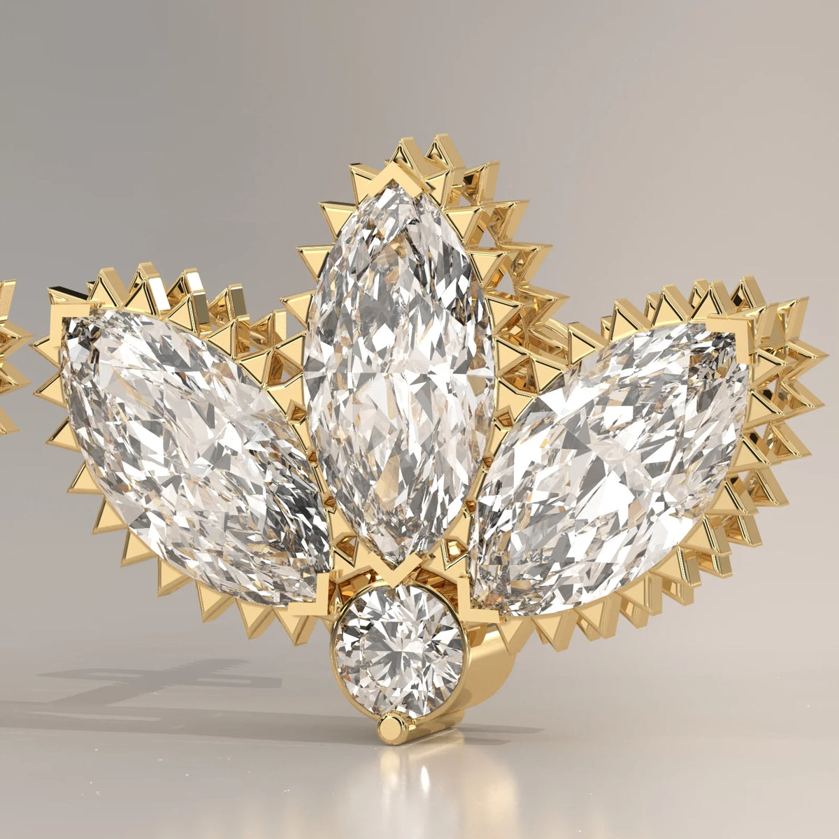 Three Marquise Lotus Fan Lab Grown Diamond Studs with Round Base in yellow gold, front view on a plain background.