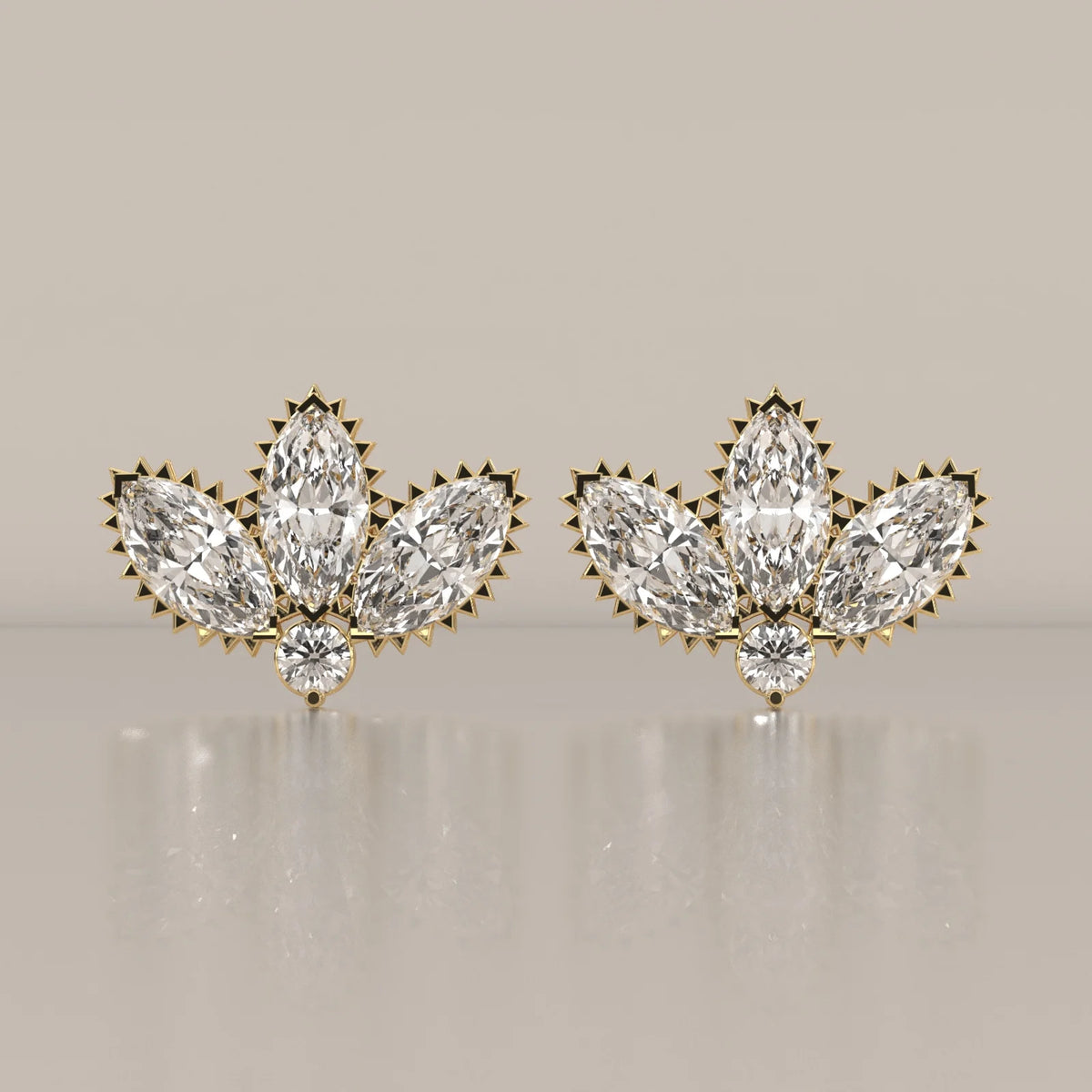 Three Marquise Lotus Fan Lab Grown Diamond Studs with Round Base in yellow gold, shown from the front.