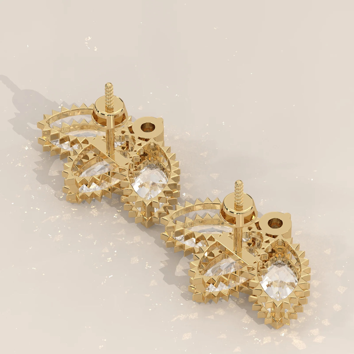 Three Marquise Lotus Fan Lab Grown Diamond Studs with Round Base in yellow gold, product photograph on a plain background.