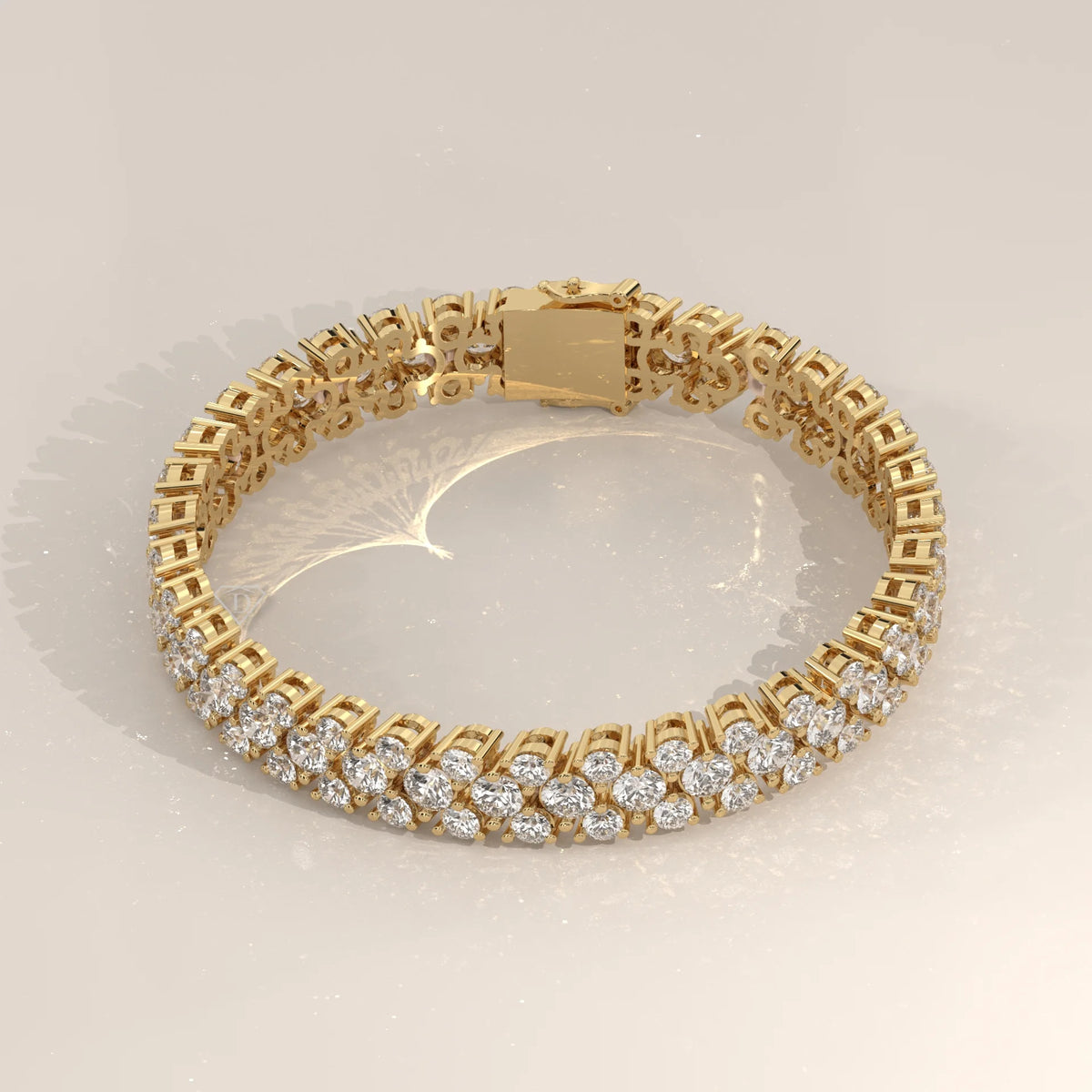 Three Row Round Lab Grown Diamond Cluster Tennis Bracelet in yellow gold, shown on a plain background.