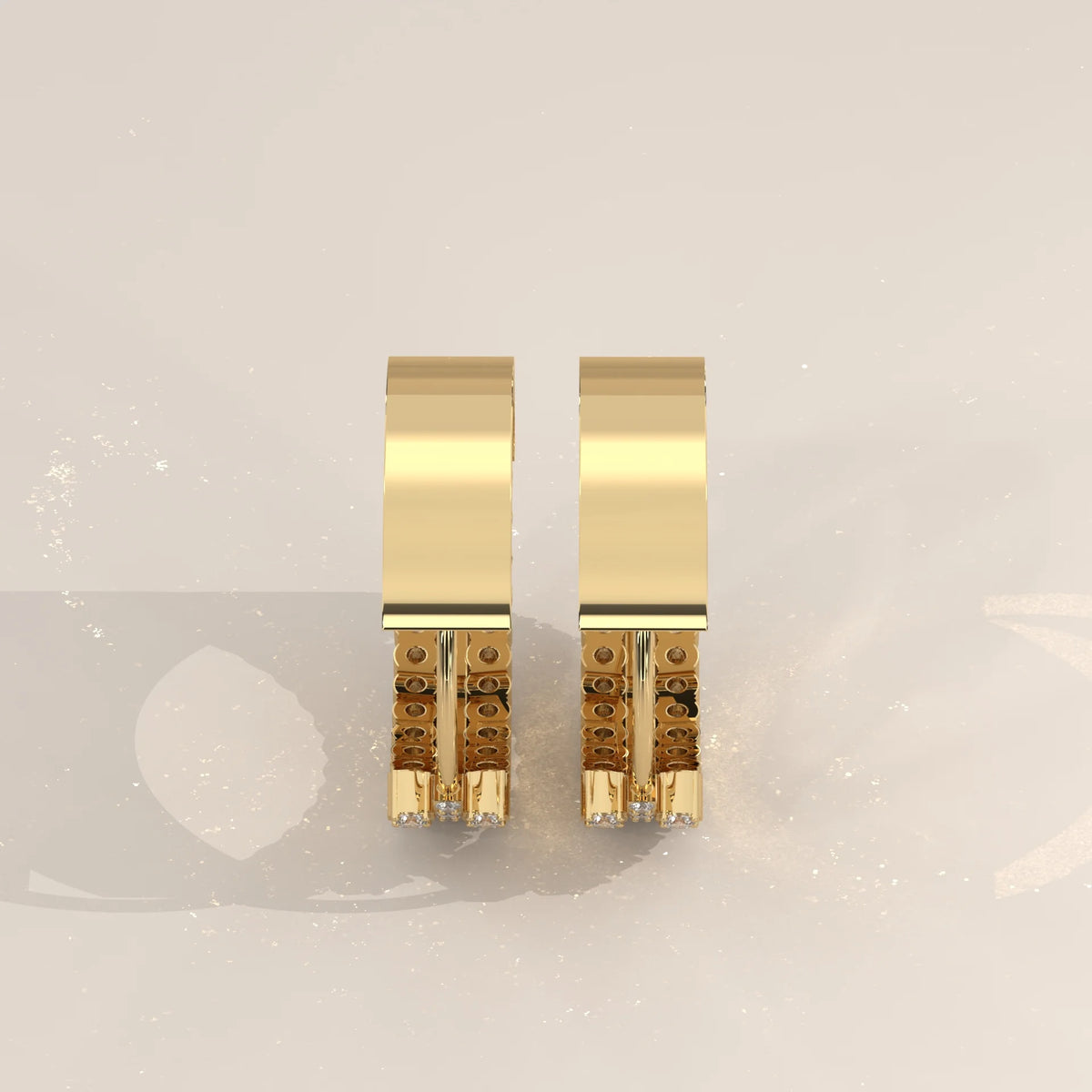 Three Row Round Lab Grown Diamond Wide Hinged Hoop Earrings in yellow gold, shown on a plain background.