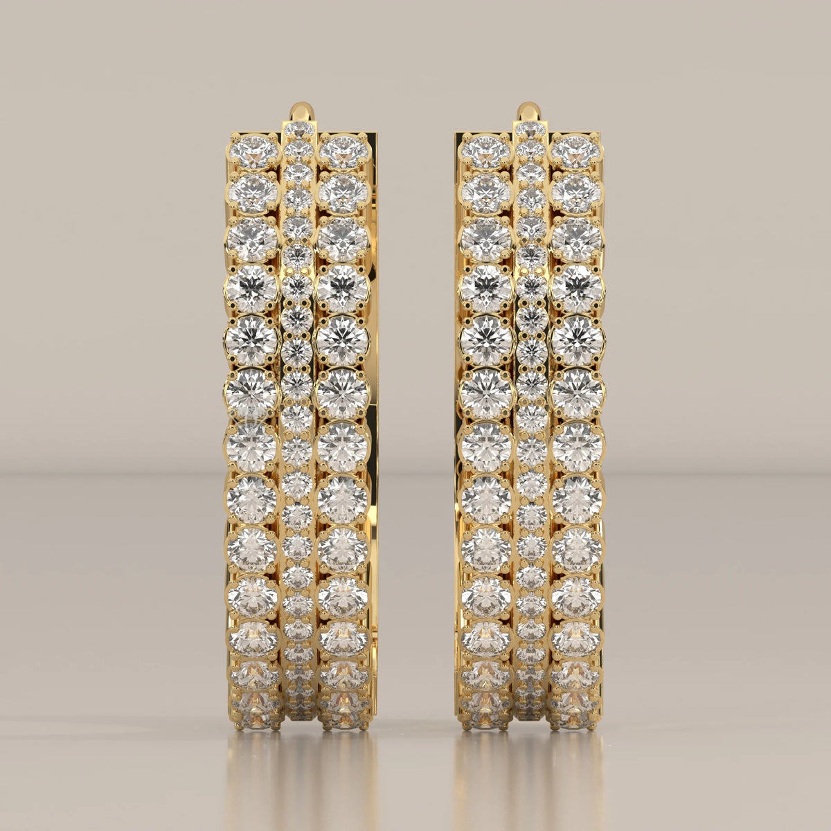 Three Row Round Lab Grown Diamond Wide Hinged Hoop Earrings in yellow gold, shown from the front.
