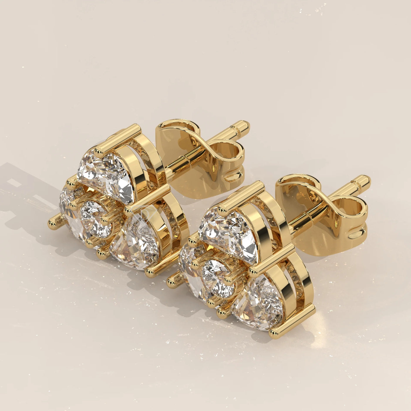 Three-Quarter View: Round Diamond Stud Earrings with Three-Stone Setting in Yellow Gold – Lab Grown – Driona Jewels