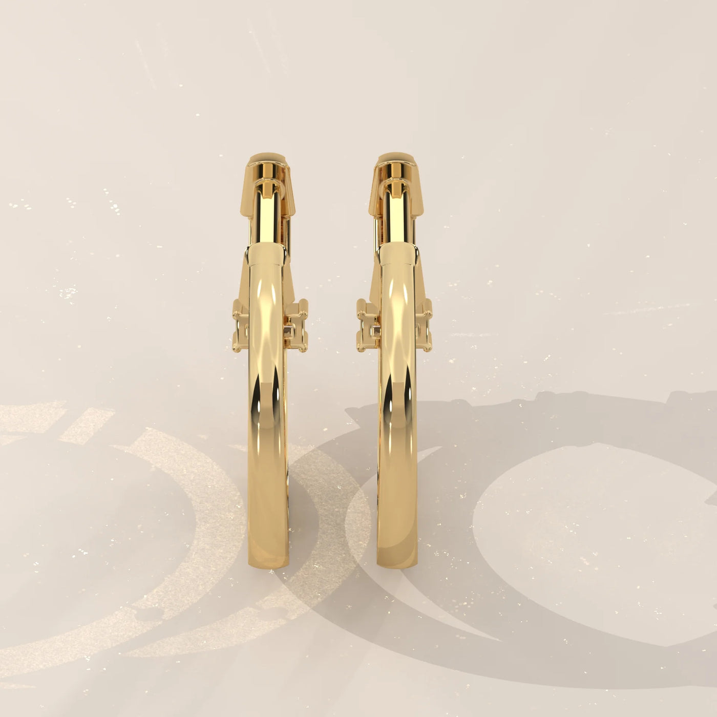Back View: Emerald Cut Diamond Huggie Hoop Earrings with Three-Stone Setting in Yellow Gold – Lab Grown – Driona Jewels