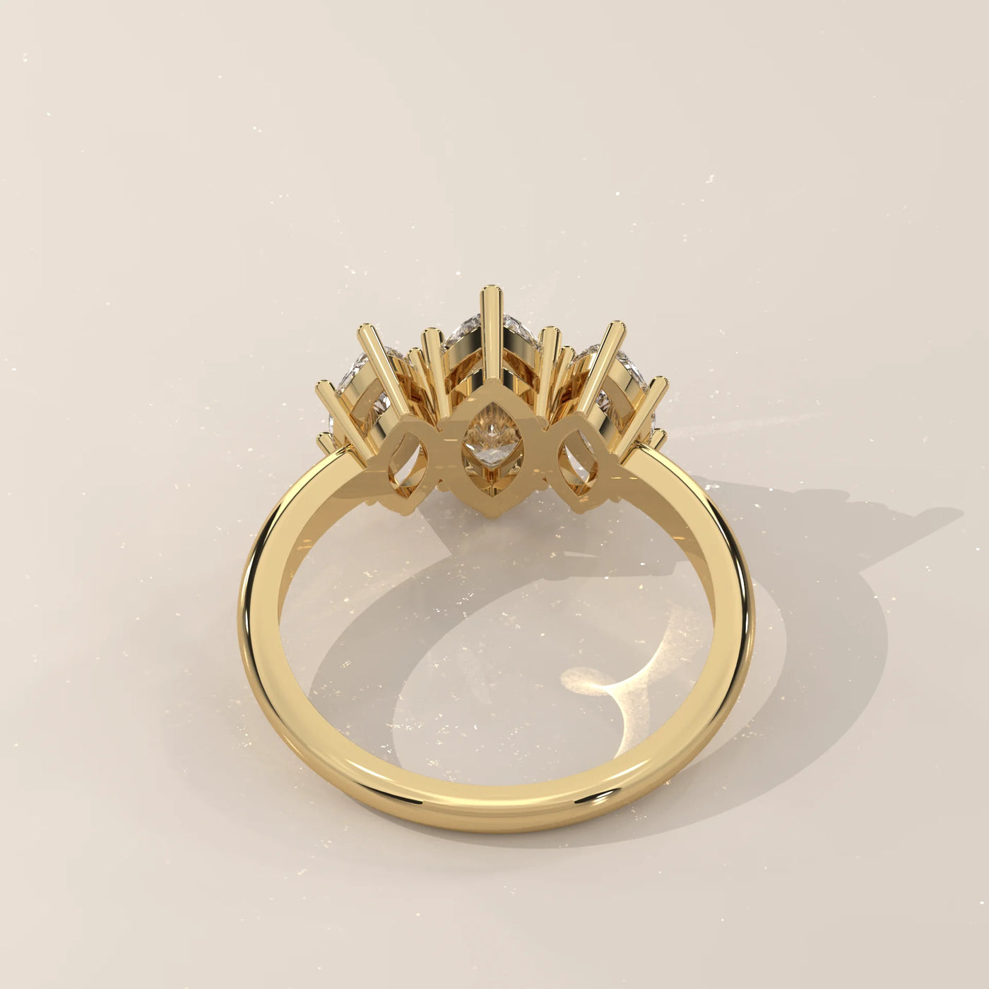 Top View: Marquise Diamond Engagement Ring with Three-Stone Setting in Yellow Gold – Lab Grown – Driona Jewels