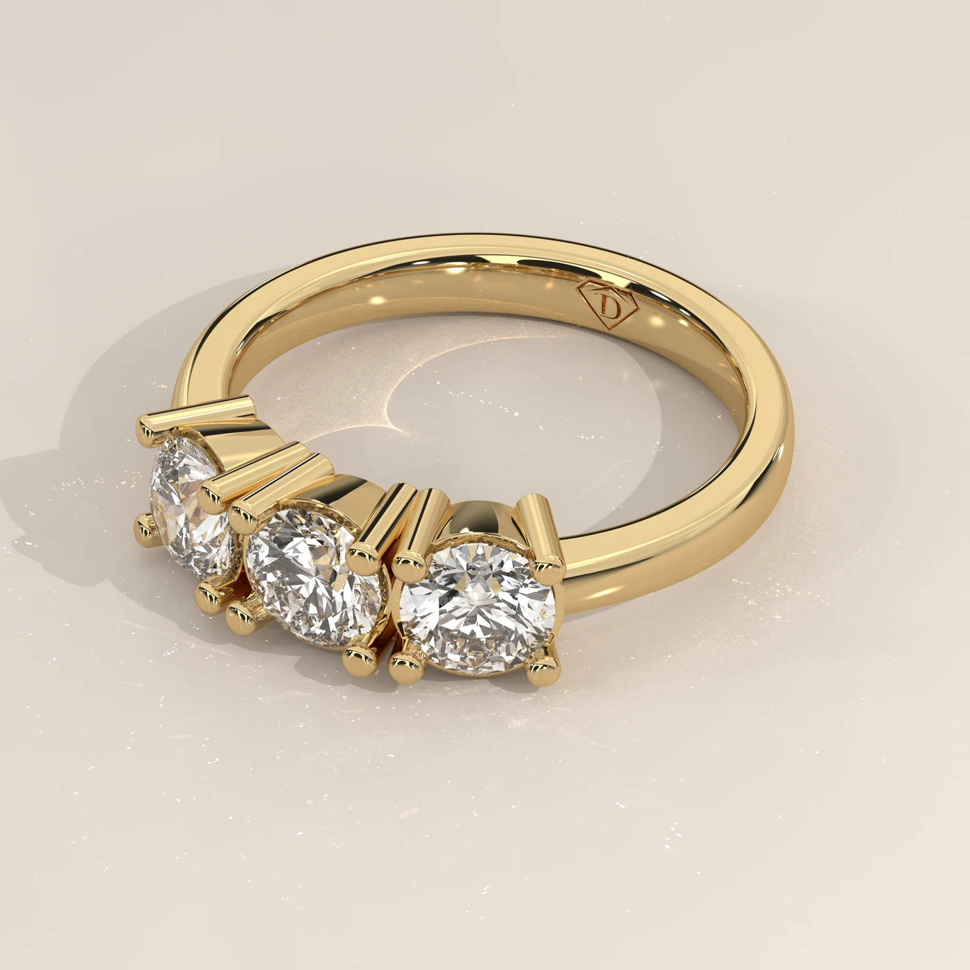 Angle View: Round Diamond Ring with Three-Stone Setting in Yellow Gold – Lab Grown – Driona Jewels