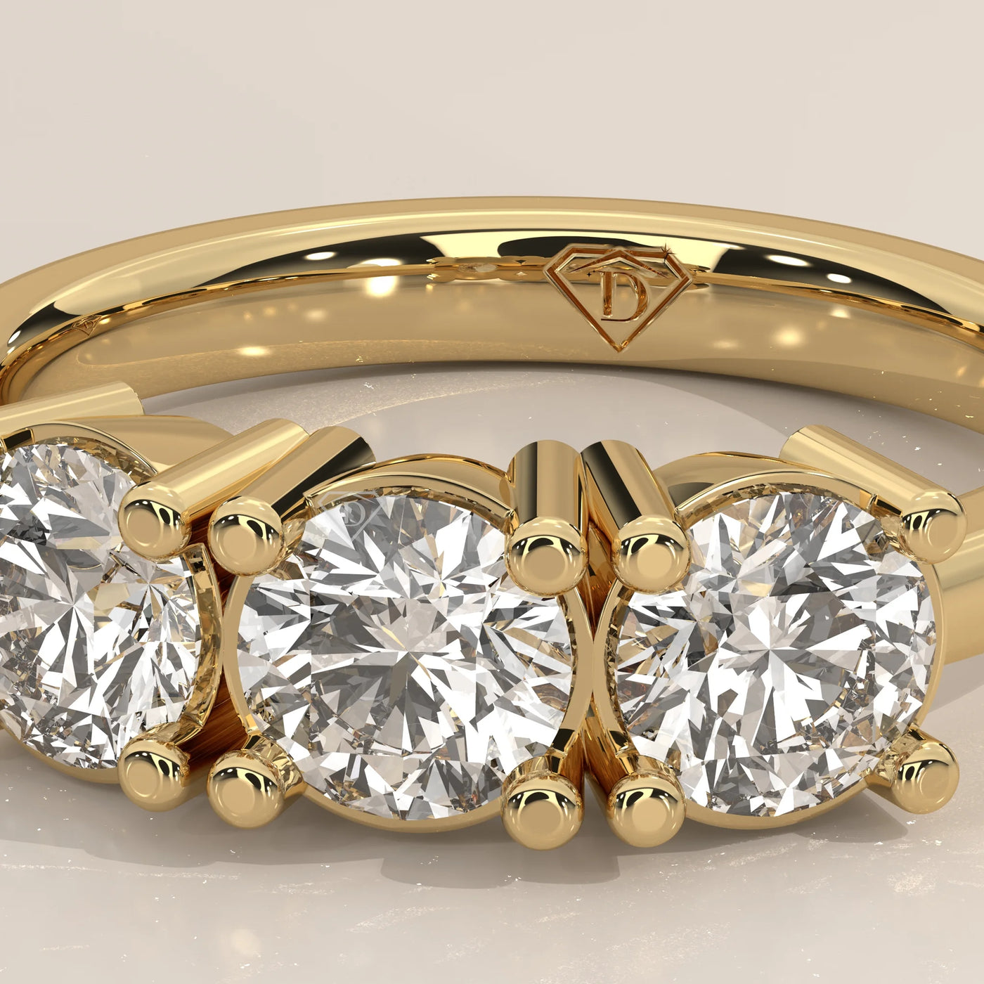 Stone Detail: Round Lab Grown Diamonds in Three-Stone Setting – Yellow Gold – Driona Jewels