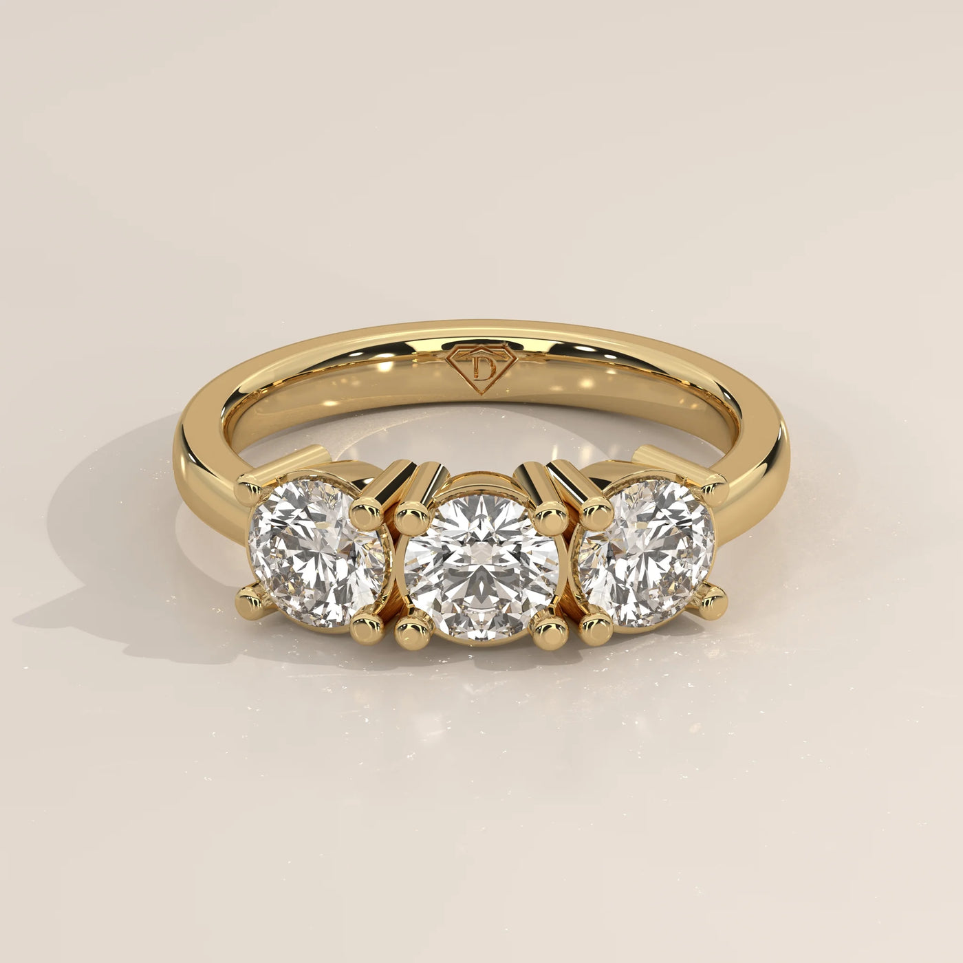 Three-Quarter View: Round Diamond Ring with Three-Stone Setting in Yellow Gold – Lab Grown – Driona Jewels