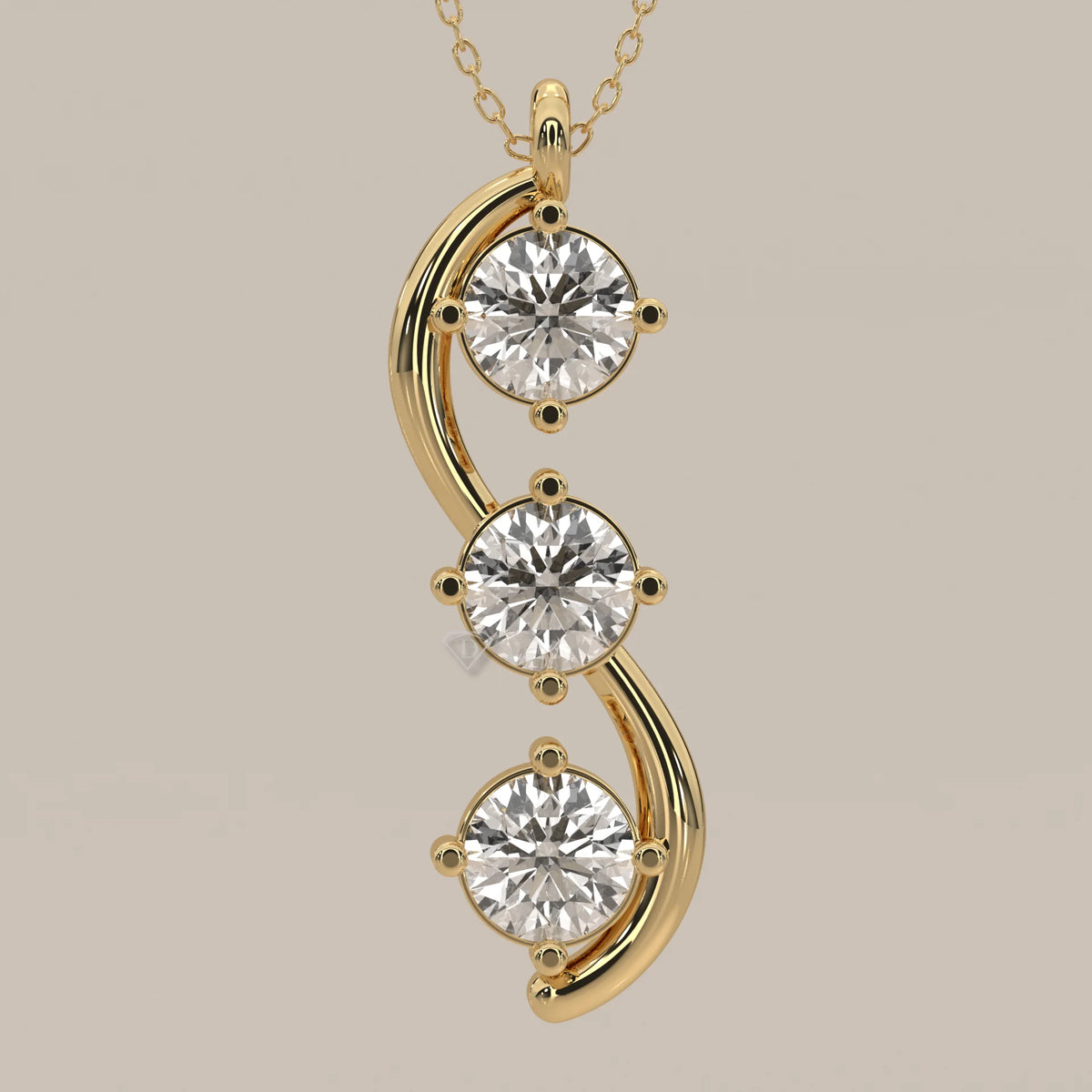 Three Stone Round Lab Grown Diamond Pendant on a Wave Frame in yellow gold, shown on a plain background.