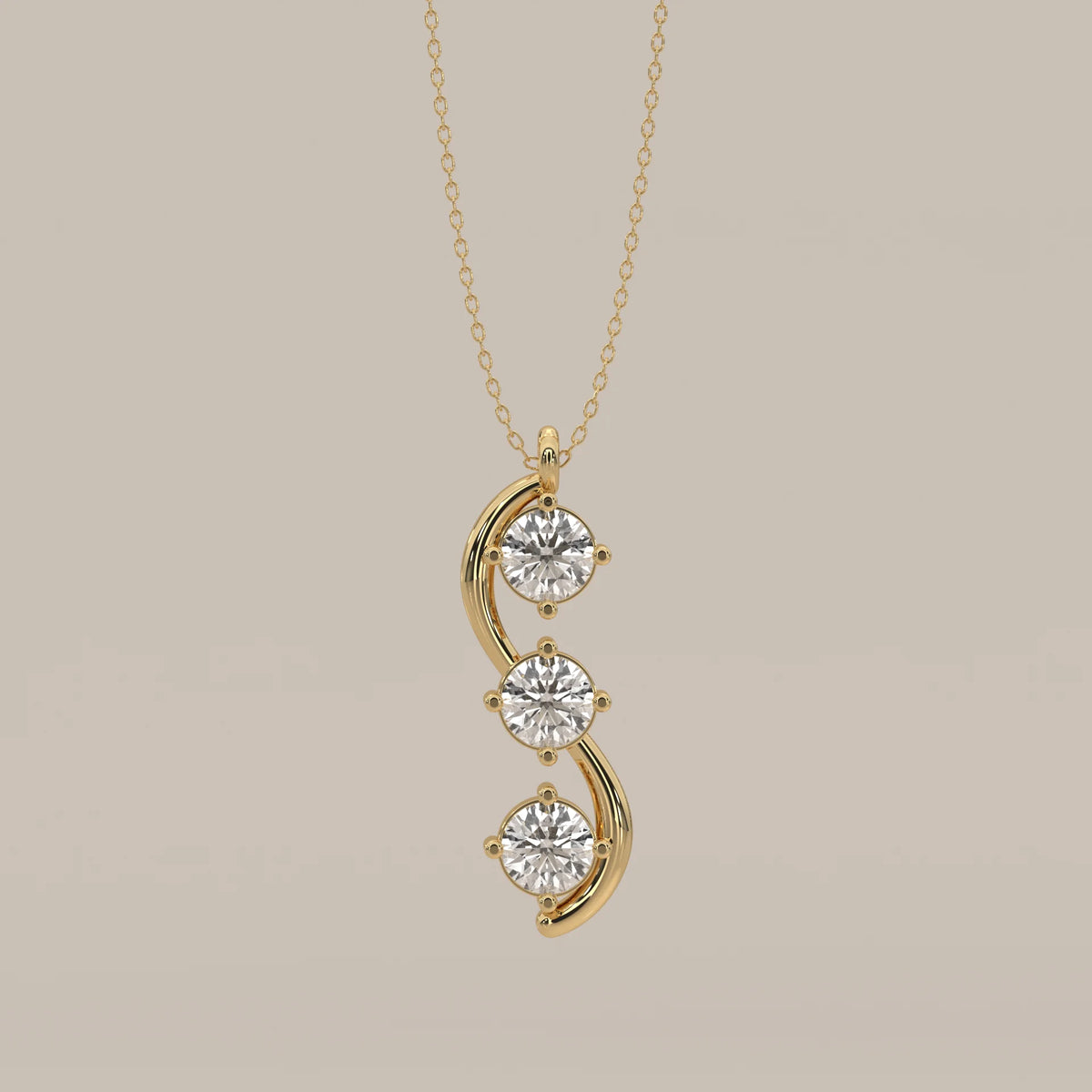 Three Stone Round Lab Grown Diamond Pendant on a Wave Frame in yellow gold, shown from the front.