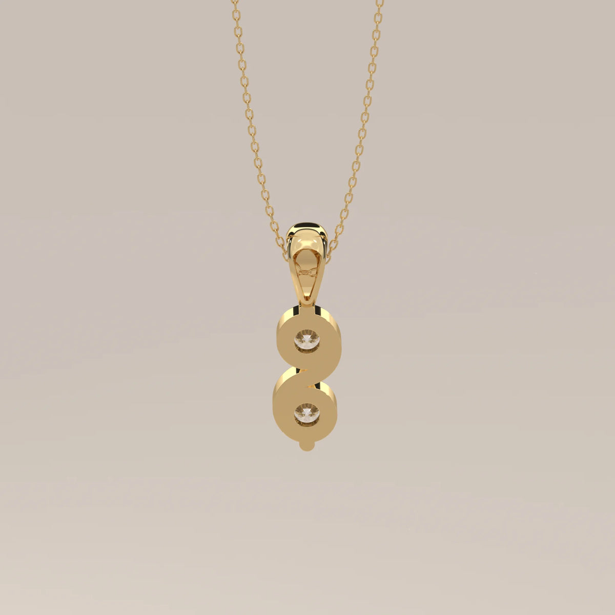 Two Stone Bezel Round Lab Grown Diamond Pendant with S Curve in yellow gold, photographed head-on.