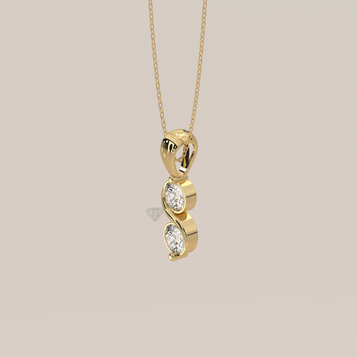 Two Stone Bezel Round Lab Grown Diamond Pendant with S Curve in yellow gold, shown from the side.