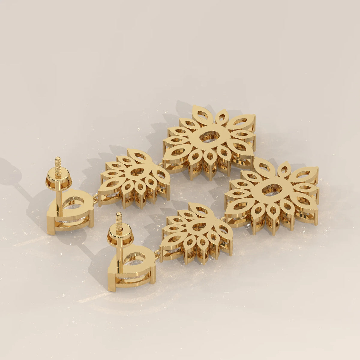Two Tier Marquise Spray Lab Grown Diamond Chandelier Earrings in yellow gold, shown at an angle.