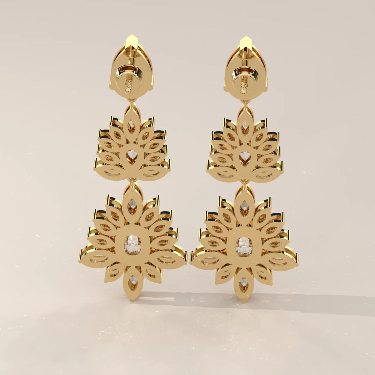 Two Tier Marquise Spray Lab Grown Diamond Chandelier Earrings in yellow gold, front view on a plain background.