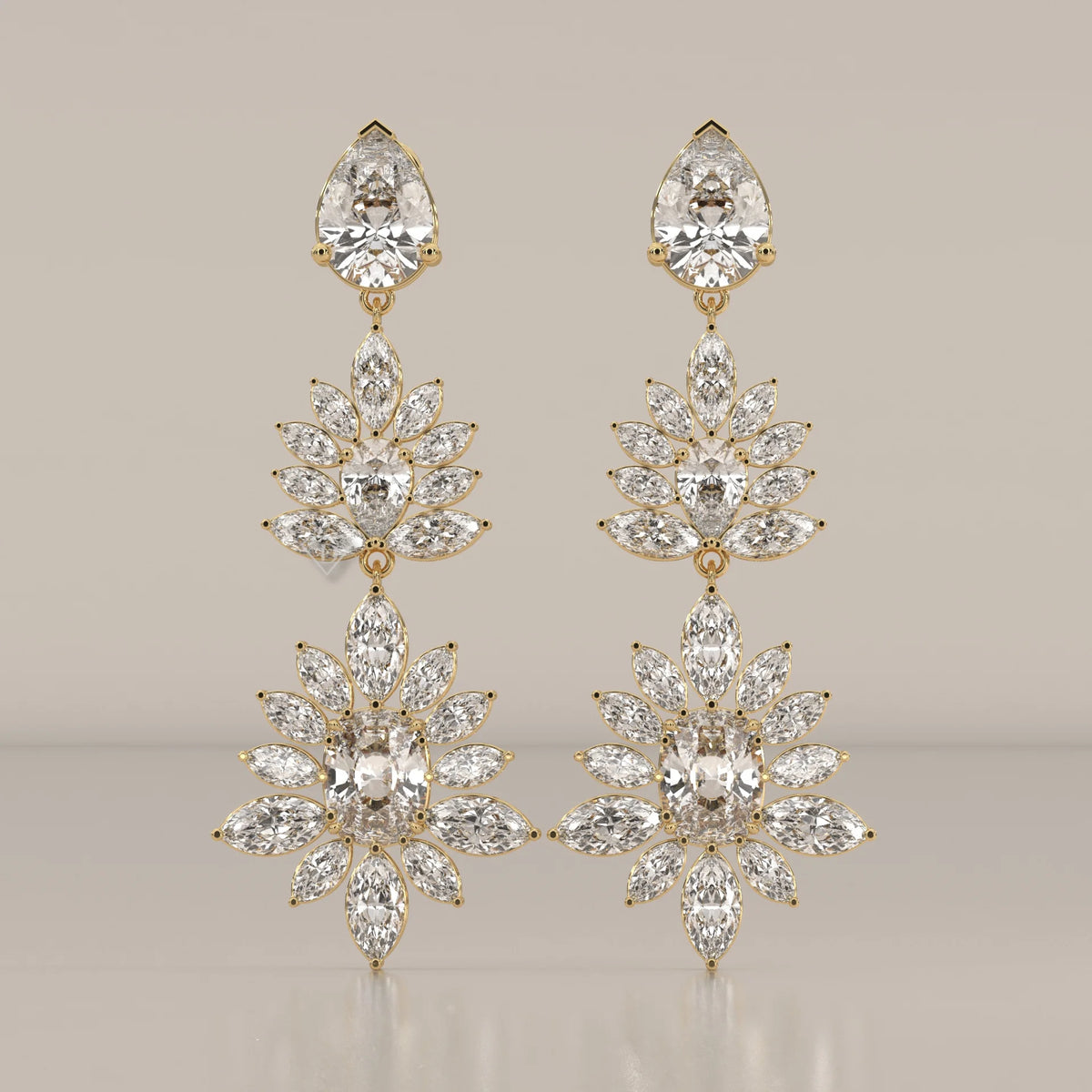 Two Tier Marquise Spray Lab Grown Diamond Chandelier Earrings in yellow gold, shown from the front.