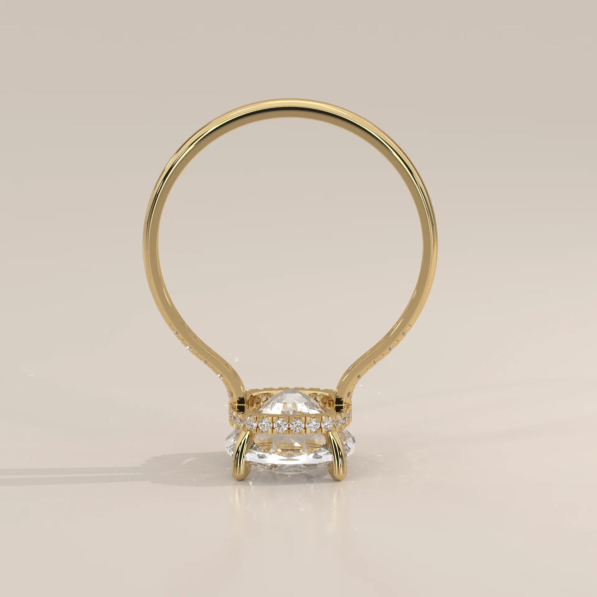 Venessa 5 Carat Cushion Lab Grown Diamond Ring, Petite Pave Shoulders in yellow gold, side profile view.