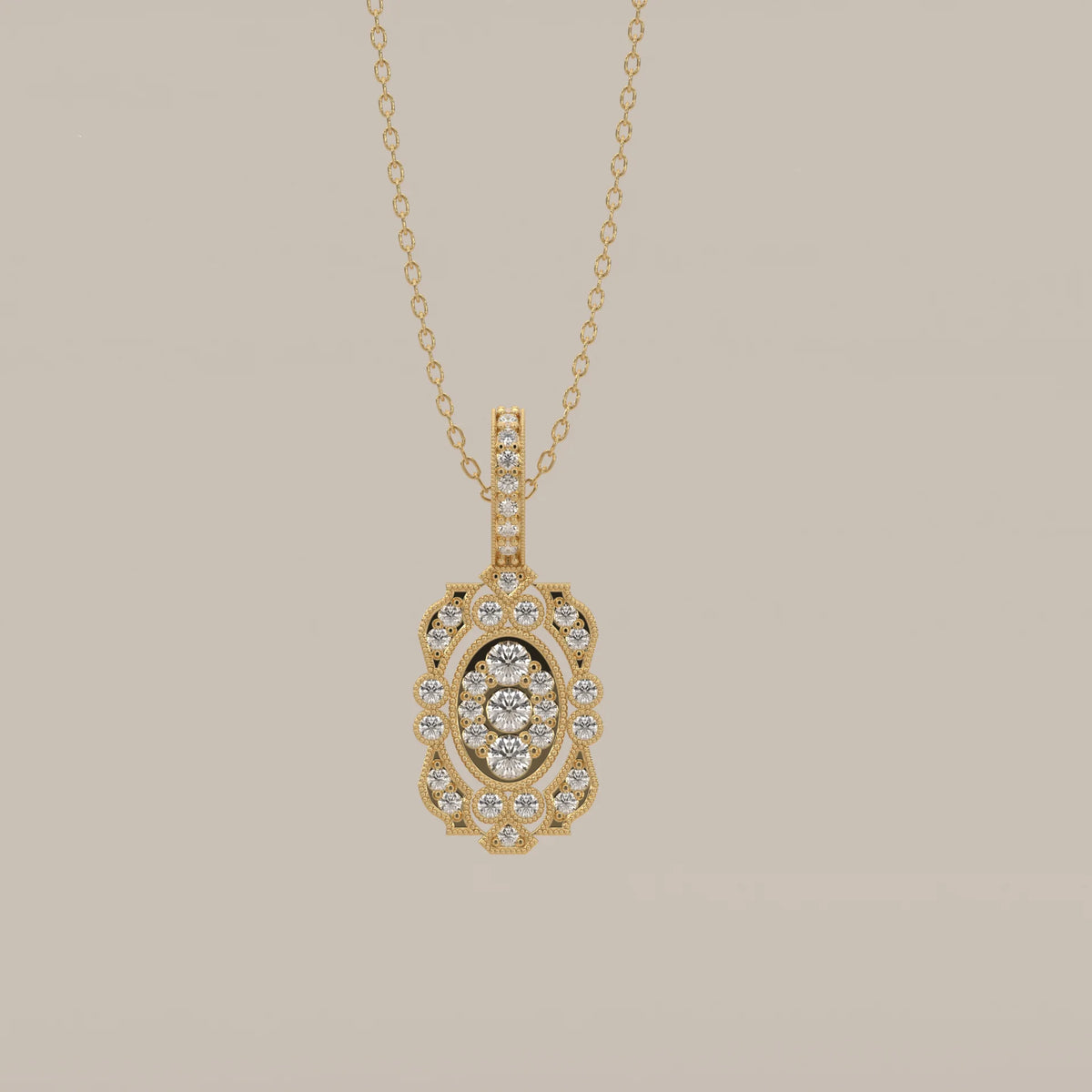 Vintage Milgrain Lab Grown Diamond Filigree Medallion Pendant in yellow gold, shown from the front.