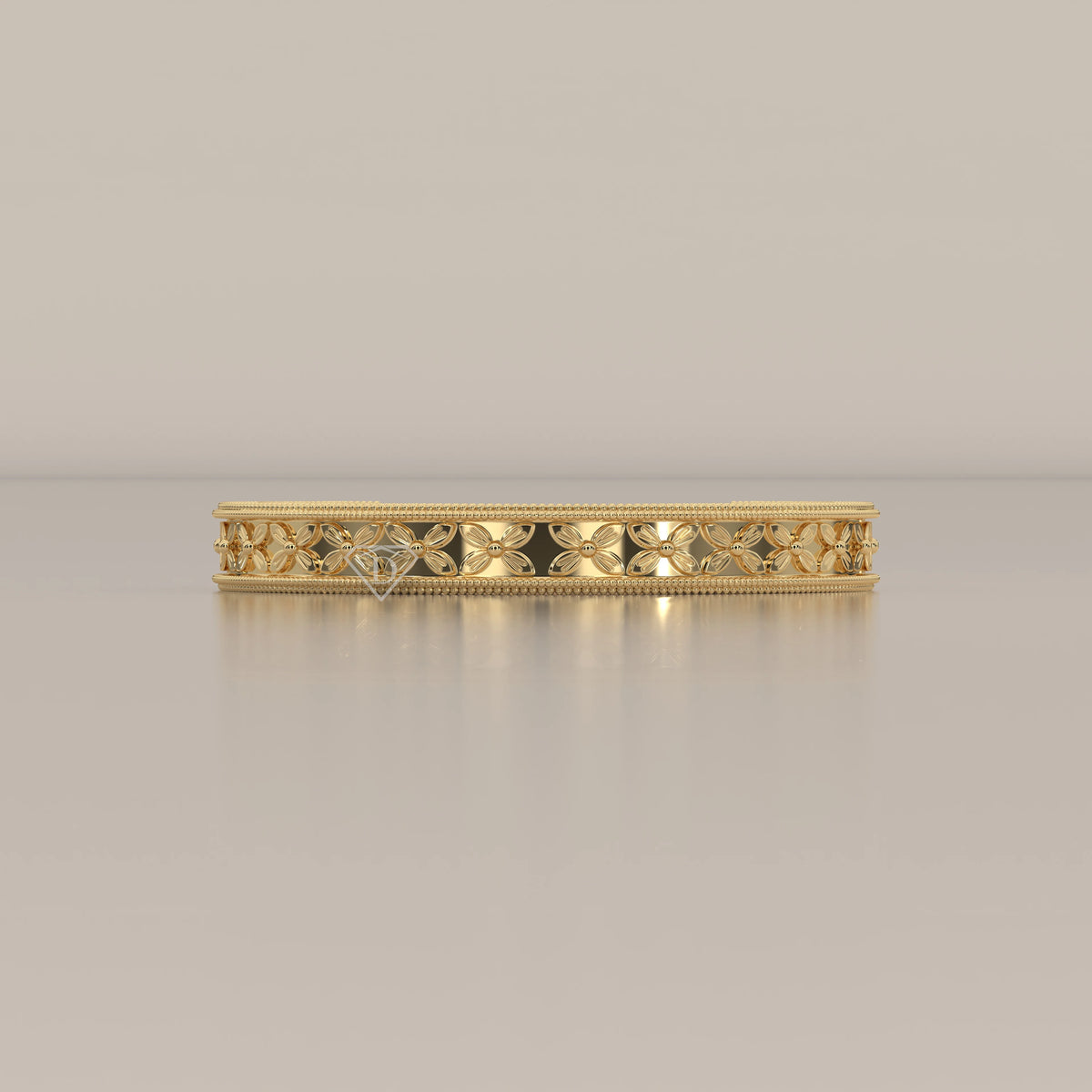 Wheat Sheaf Engraved Gold Band with Fine Milgrain Borders, photographed head-on.