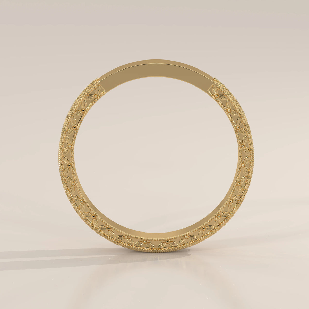 Wheat Sheaf Engraved Gold Band with Fine Milgrain Borders, product photograph on a plain background.