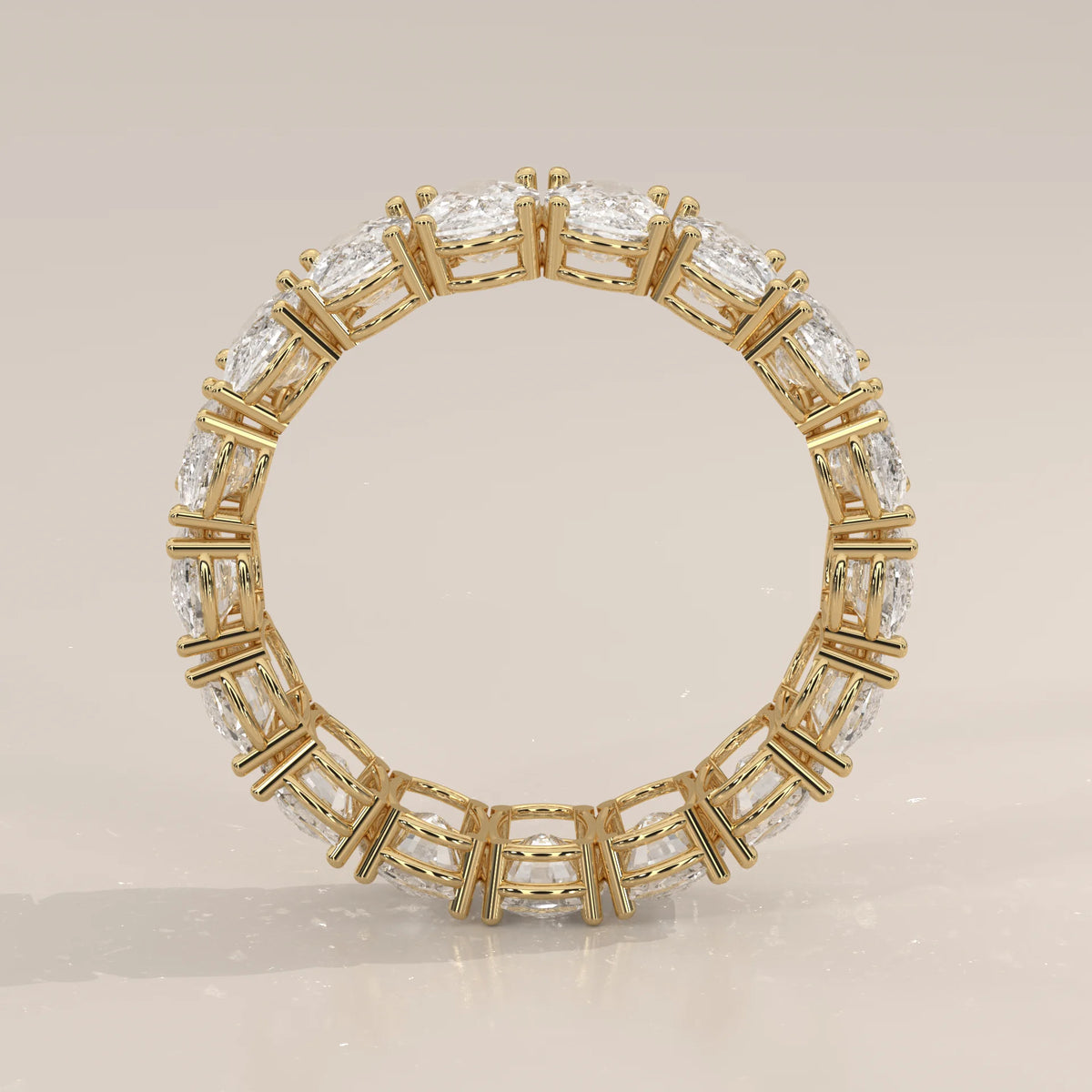 Wide Double Row Cushion Cut Diamond Eternity Band in Gold in yellow gold, front view on a plain background.