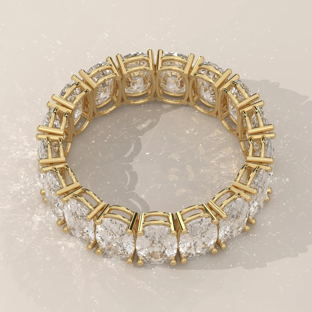 Wide Double Row Cushion Cut Diamond Eternity Band in Gold in yellow gold, shown on a plain background.