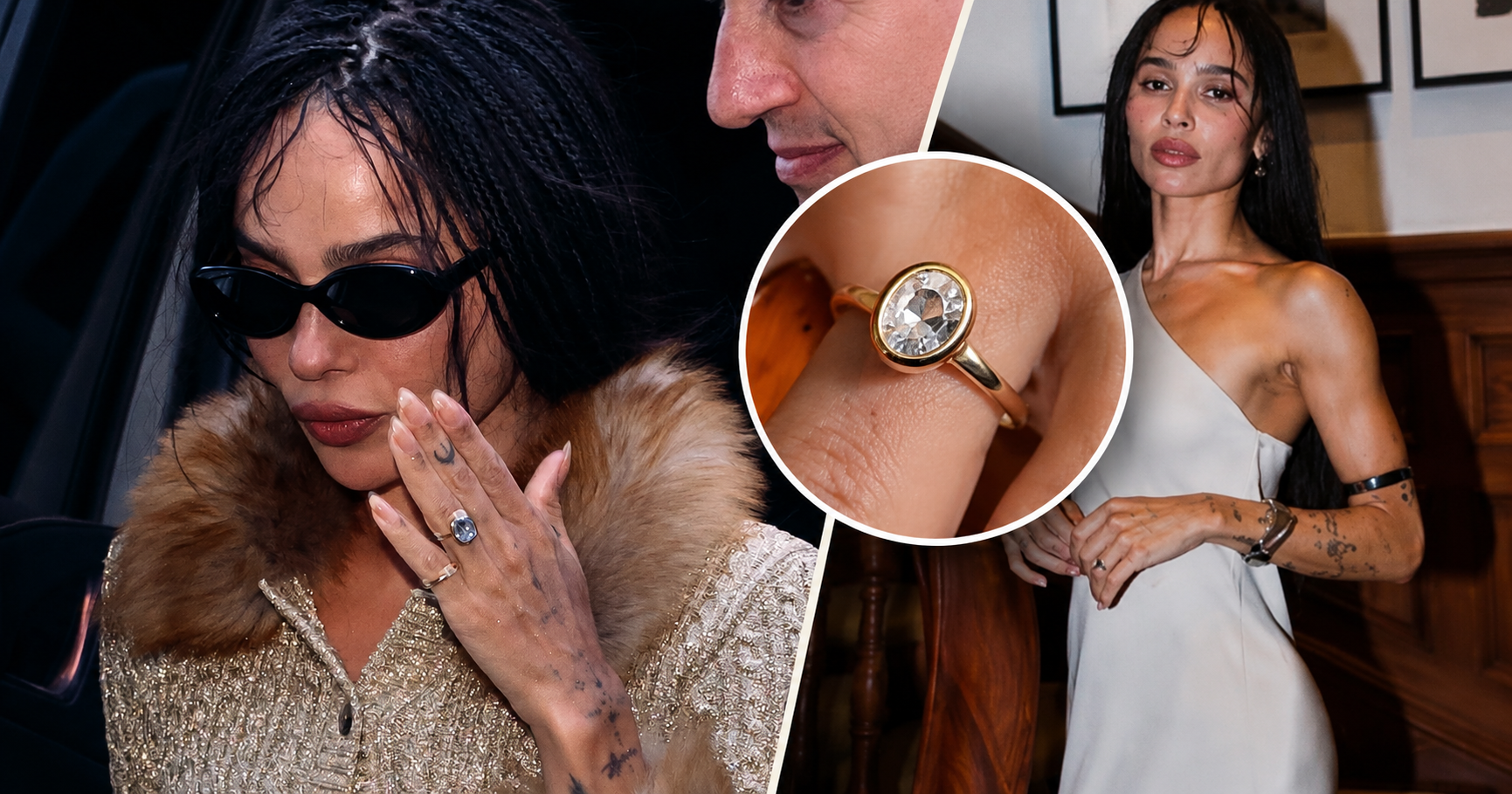 Elongated cushion cut diamond engagement ring in yellow gold bezel setting, similar to Zoe Kravitz's ring