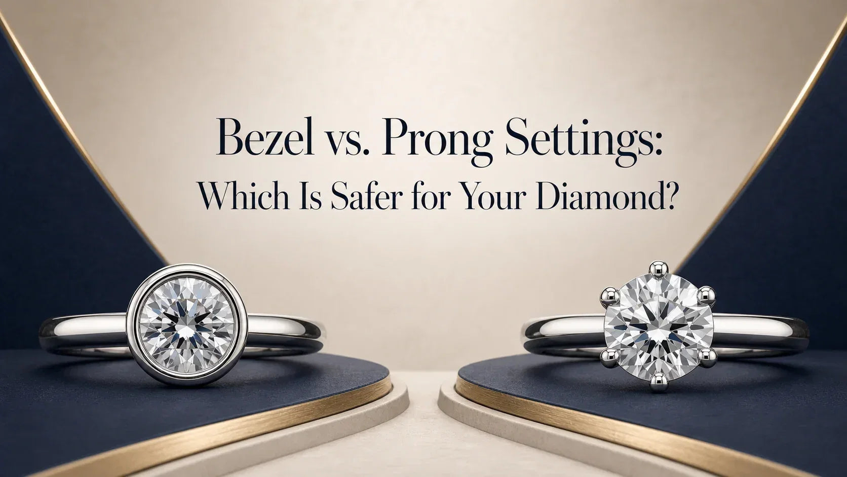 Title banner comparing a bezel-set diamond ring with a prong-set diamond ring