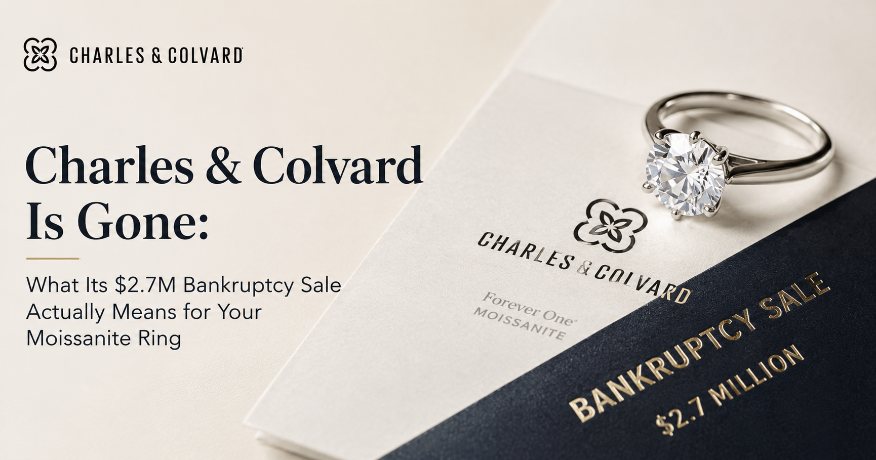 Moissanite engagement ring close-up representing the Charles and Colvard bankruptcy buyer's guide