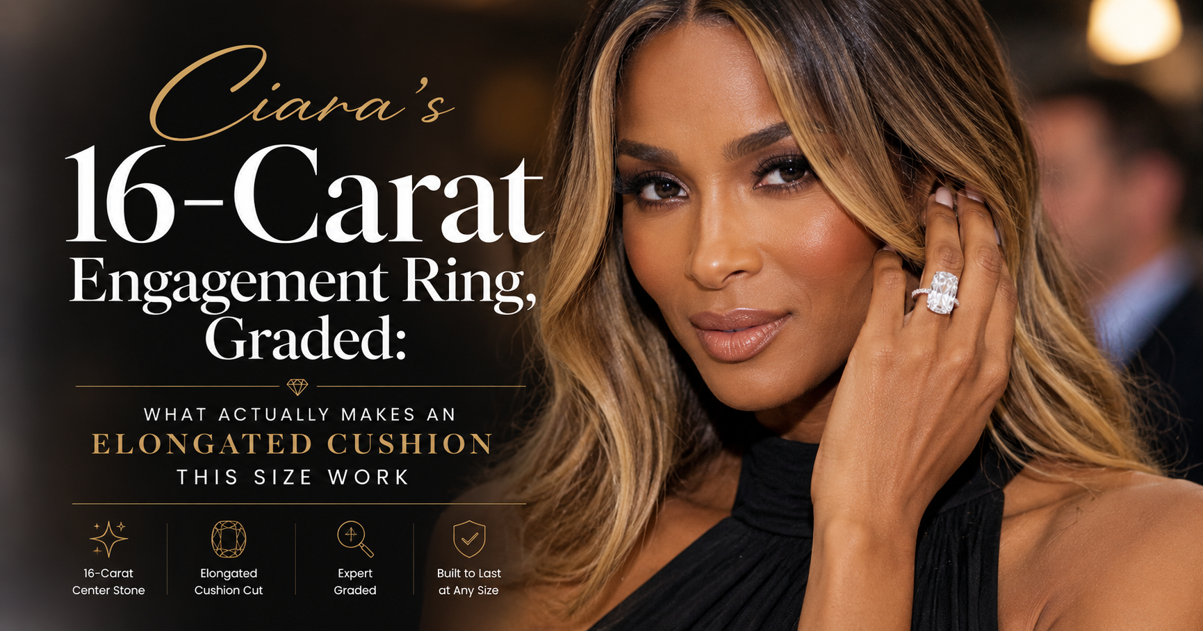Ciara's 16 carat elongated cushion cut engagement ring with trapezoid and pear side stones