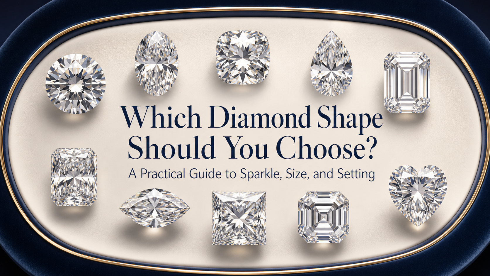 Editorial banner showing ten diamond outlines around the title Which Diamond Shape Should You Choose? A Practical Guide to Sparkle, Size, and Setting