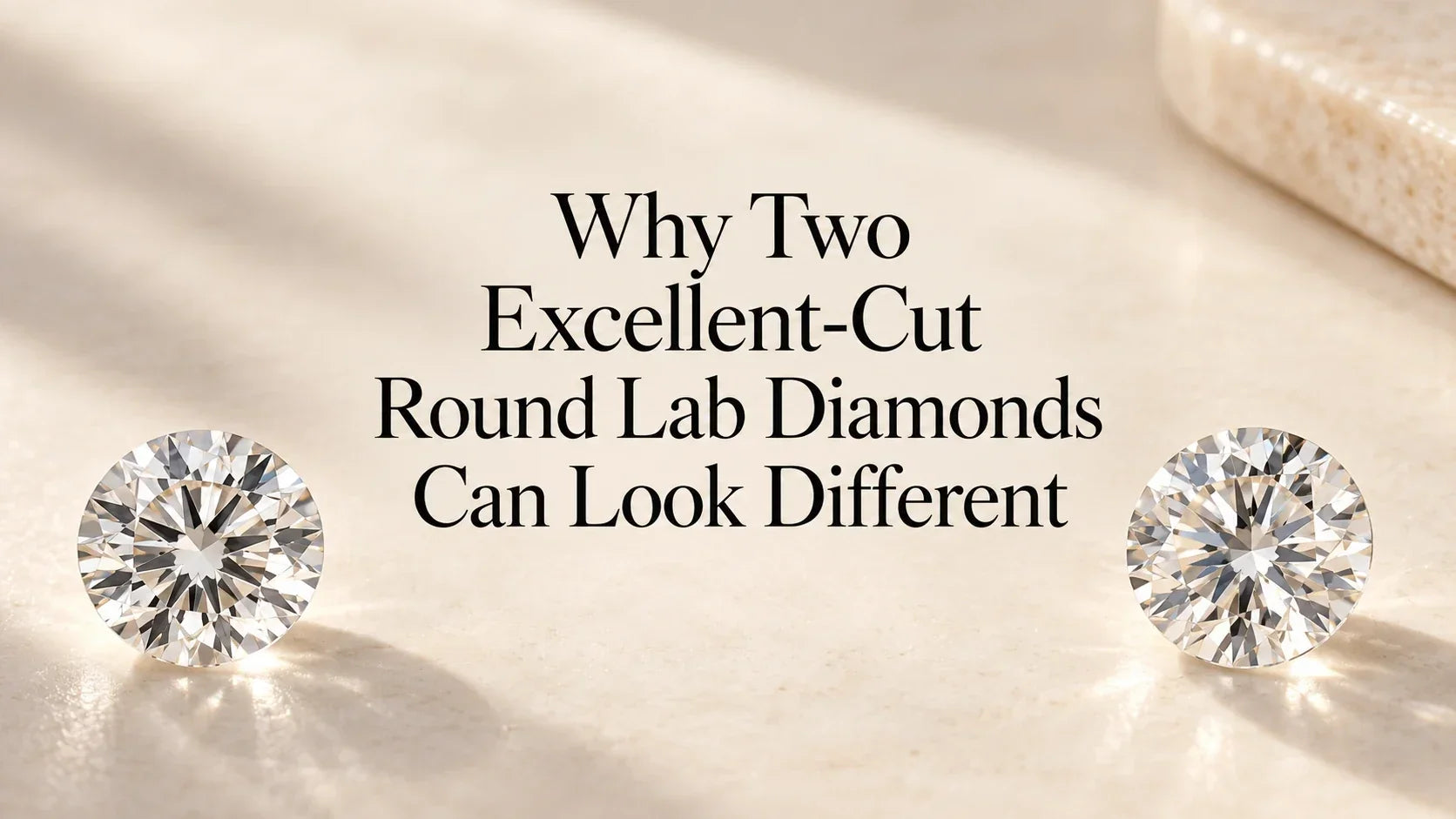 Editorial illustration of two round diamonds with the article title: Why Two Excellent-Cut Round Lab Diamonds Can Look Different