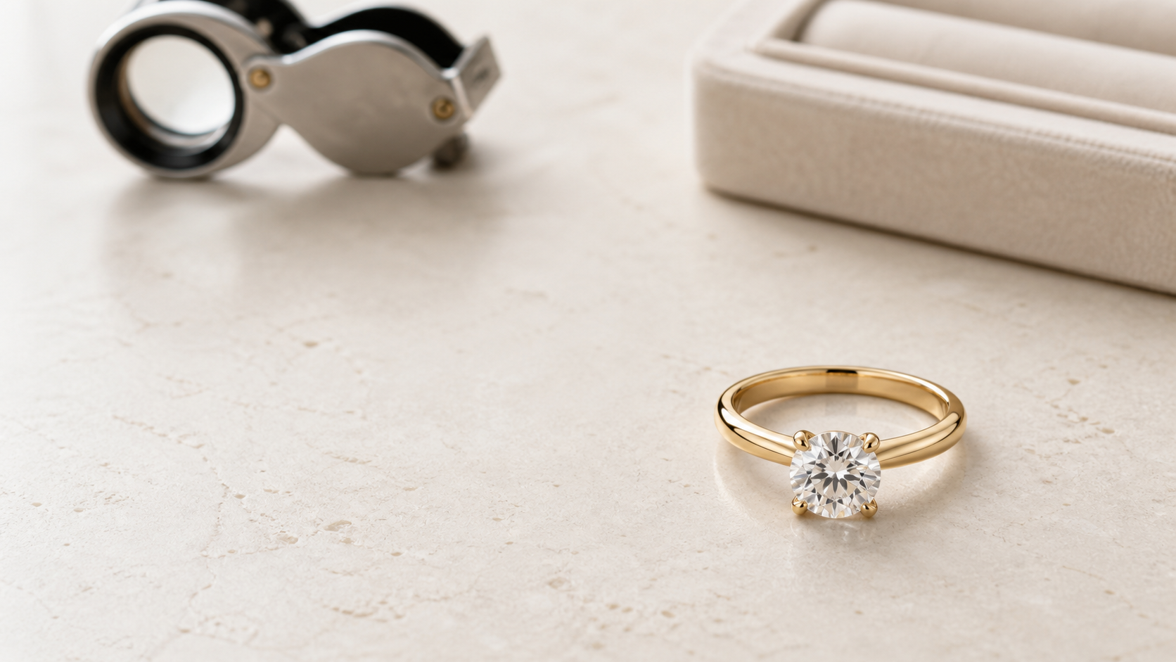 Round solitaire engagement ring beside a jeweler's loupe on an ivory consultation table