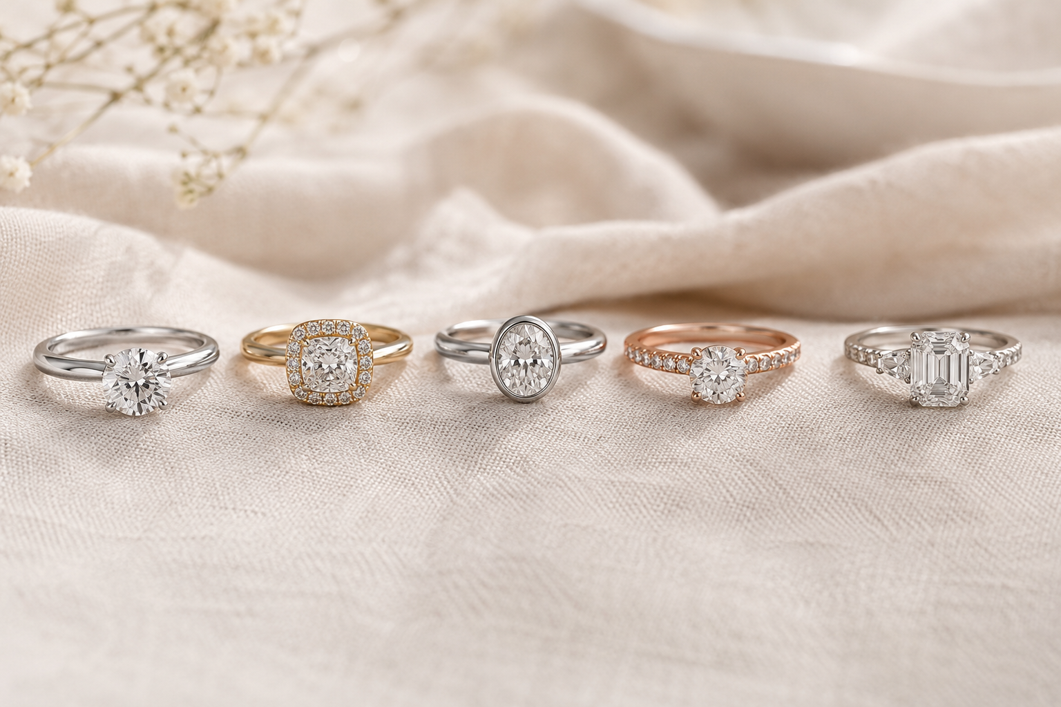 Different engagement ring settings displayed side by side including solitaire, halo, bezel, and pavé styles with lab-grown diamonds