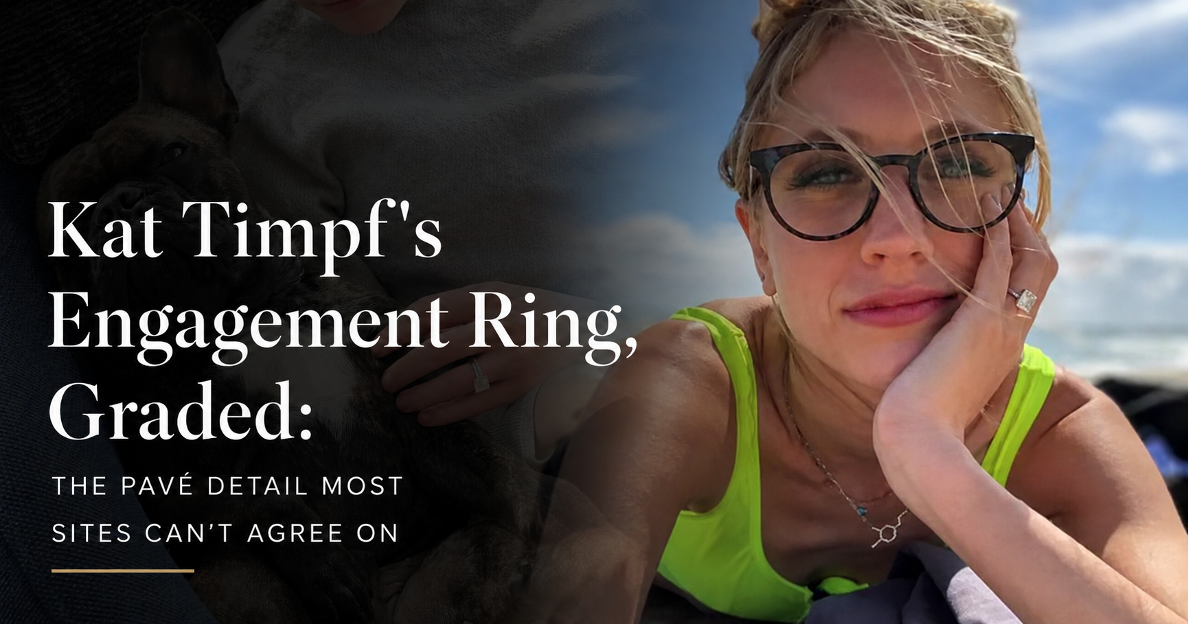 Kat Timpf's cushion cut engagement ring in yellow gold with pave band